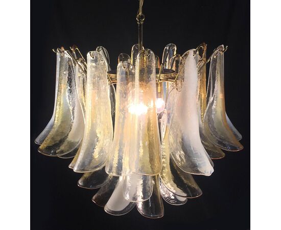 Elegant Pair of Chandeliers White and Amber Petals, Murano, 1990s