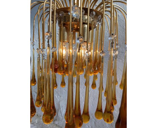 Italian Chandelier Amber Drops Glass, Murano, 1990s