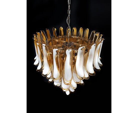 Amazing Pair of Italian Glass Amber Petal Chandeliers, Murano