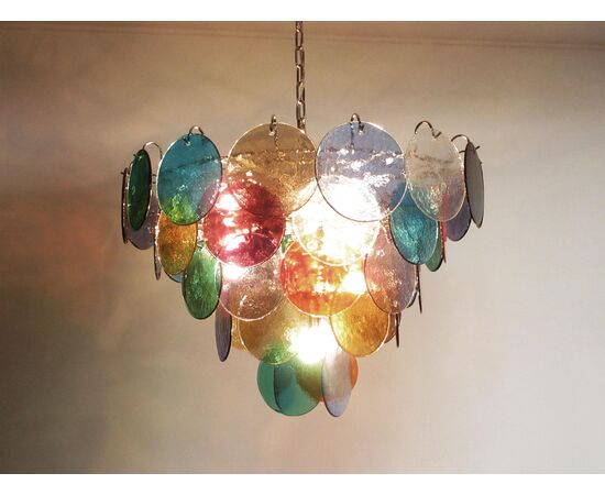 Pair of Italian 50 Multicolored Glass Disks Chandeliers, Murano