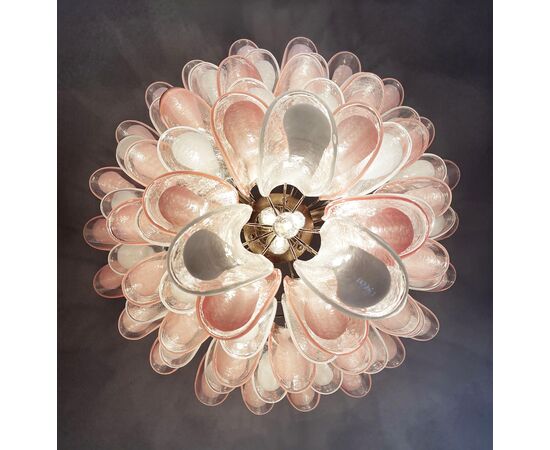 Fabulous Pair of Italian Pink and White Petal Chandeliers, Murano