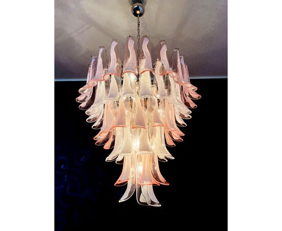 Fabulous Pair of Italian Pink and White Petal Chandeliers, Murano