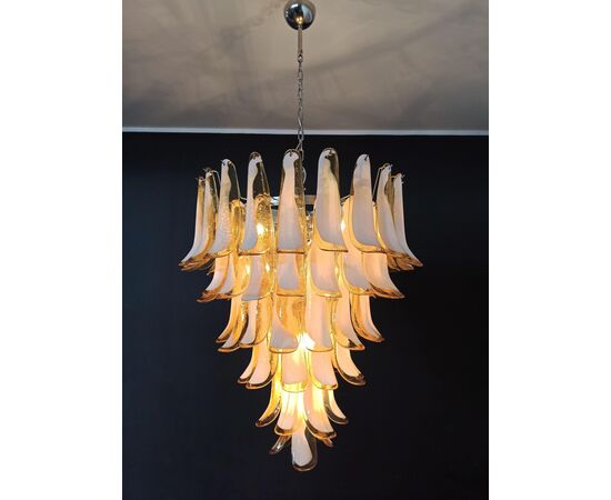 Amazing Pair of Italian Glass Amber Petal Chandeliers, Murano