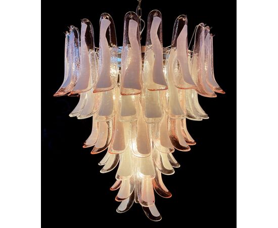 Fabulous Pair of Italian Pink and White Petal Chandeliers, Murano