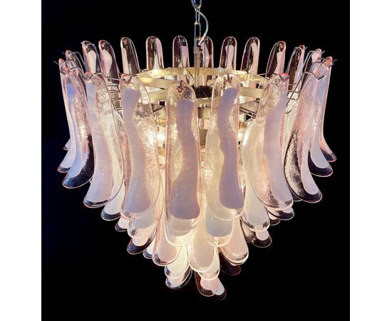 Fabulous Pair of Italian Pink and White Petal Chandeliers, Murano