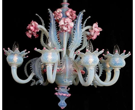 Stunning Light Blue and Pink Venetian Chandelier, Murano, 1950s