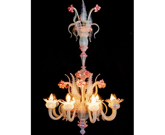 Stunning Light Blue and Pink Venetian Chandelier, Murano, 1950s