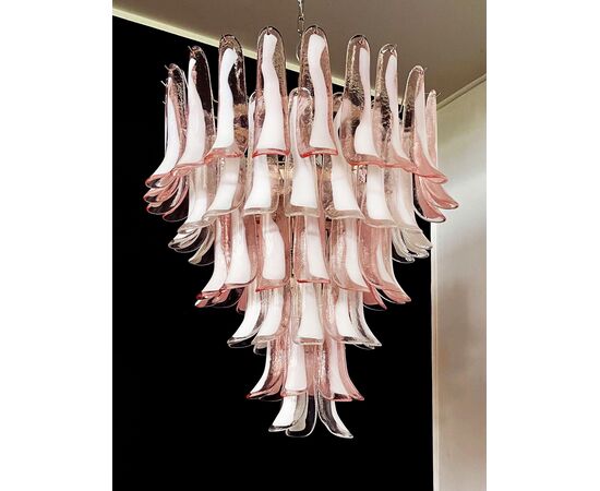 Fabulous Pair of Italian Pink and White Petal Chandeliers, Murano