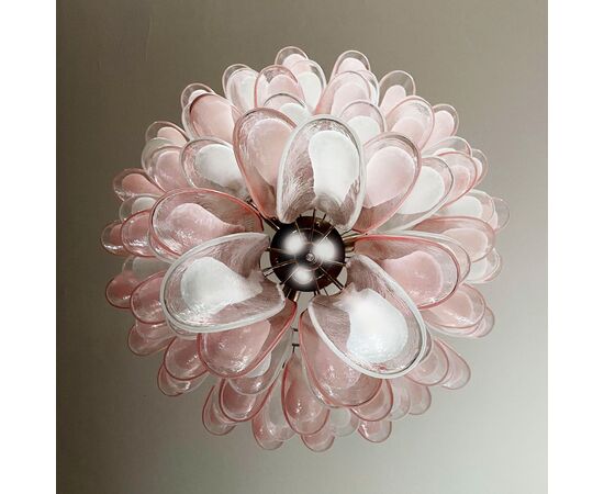 Fabulous Pair of Italian Pink and White Petal Chandeliers, Murano