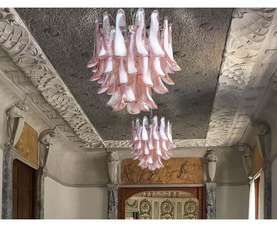 Pair of Italian Pink Petal Chandeliers, Murano