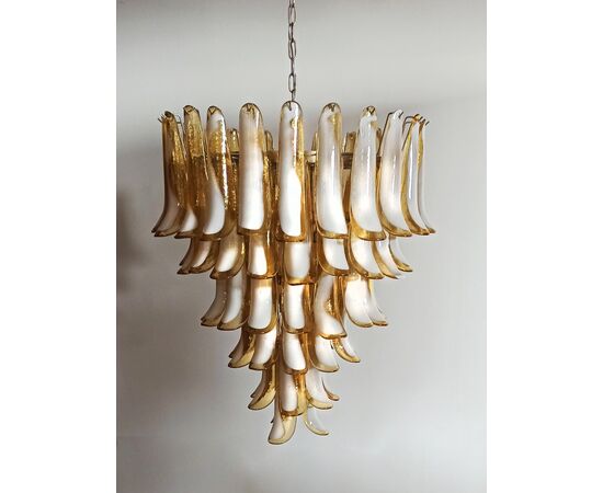 Amazing Pair of Italian Glass Amber Petal Chandeliers, Murano