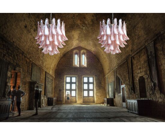 Pair of Italian Pink Petal Chandeliers, Murano