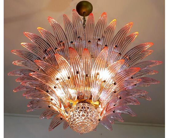Pair of Italian Chandeliers with Pink Leaves, Murano