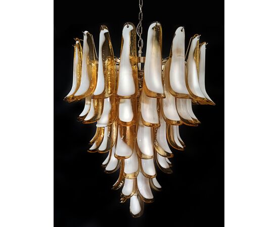 Amazing Pair of Italian Glass Amber Petal Chandeliers, Murano