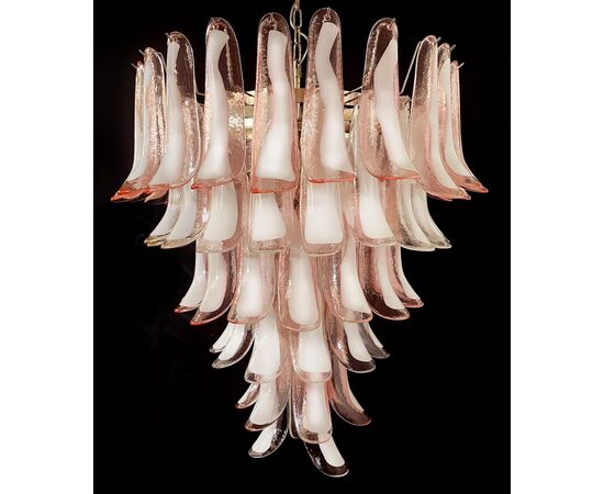 Fabulous Pair of Italian Pink and White Petal Chandeliers, Murano