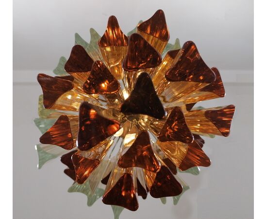 Venini Chandelier 55 Transparent and Amber Prism Triedri, Murano, 1960