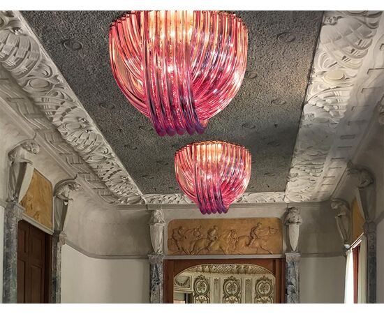 Ceiling Light Chandelie, Pink Triedri, 20 Murano Glasses