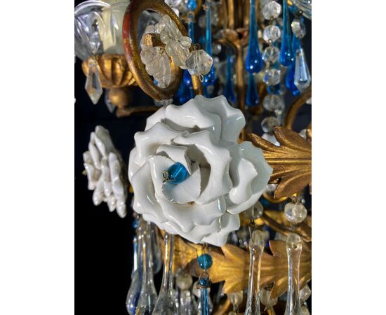 Lovely Chandelier with White Roses and Blue Drops, Murano, 1950s