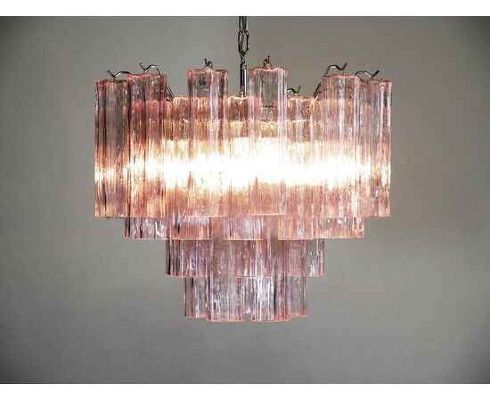 Pair of Italian Pink Glass Tube Chandeliers, Murano, 1970s