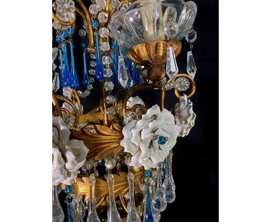 Lovely Chandelier with White Roses and Blue Drops, Murano, 1950s