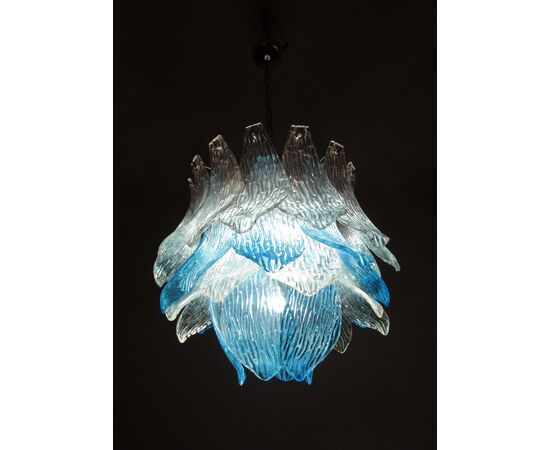 Pair of Italian Murano Chandeliers Blue and Transparent Leaves, Murano, 1980s