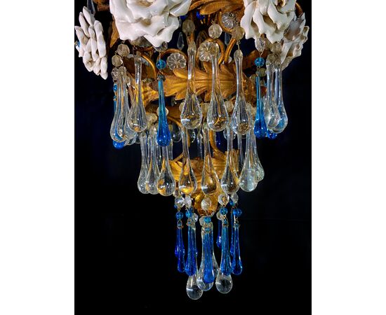 Lovely Chandelier with White Roses and Blue Drops, Murano, 1950s