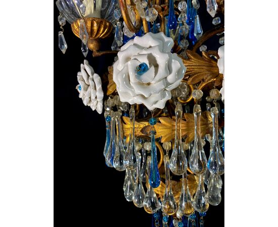 Lovely Chandelier with White Roses and Blue Drops, Murano, 1950s