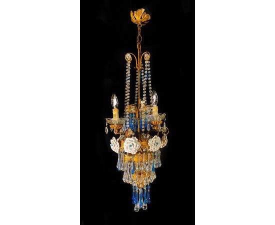 Lovely Chandelier with White Roses and Blue Drops, Murano, 1950s