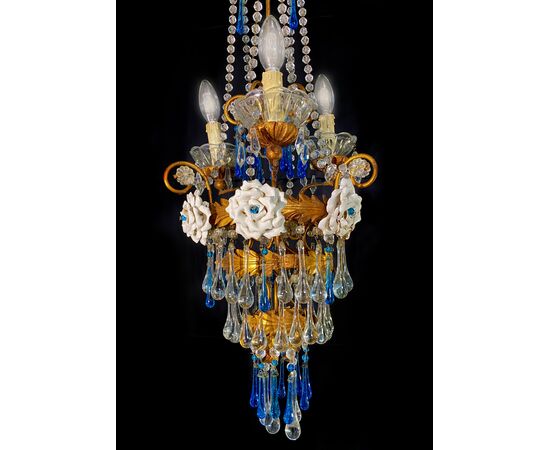 Lovely Chandelier with White Roses and Blue Drops, Murano, 1950s