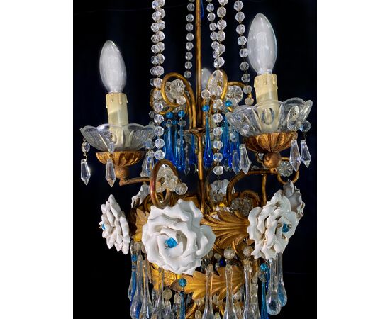 Lovely Chandelier with White Roses and Blue Drops, Murano, 1950s