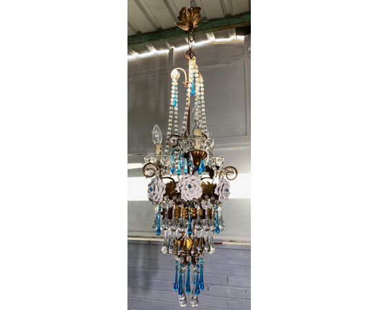 Lovely Chandelier with White Roses and Blue Drops, Murano, 1950s