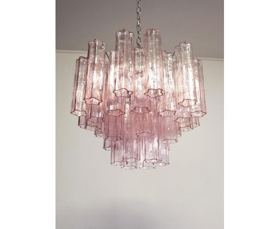 Pair of Italian Pink Glass Tube Chandeliers, Murano, 1970s