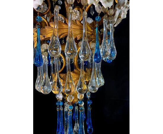 Lovely Chandelier with White Roses and Blue Drops, Murano, 1950s