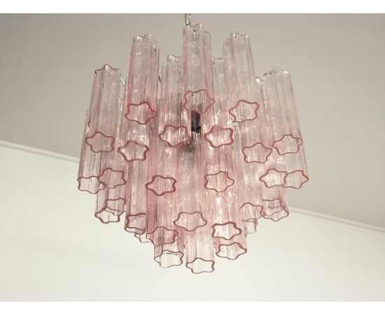 Pair of Italian Pink Glass Tube Chandeliers, Murano, 1970s