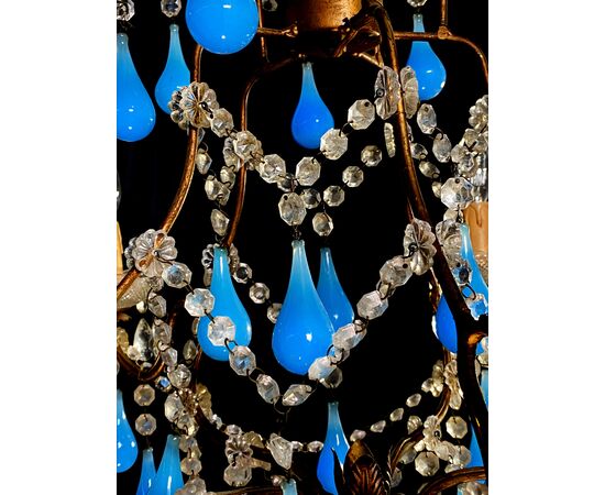 Murano Chandelier Blue Drops Glass, 1950s