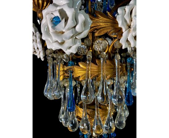 Lovely Chandelier with White Roses and Blue Drops, Murano, 1950s