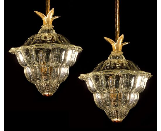 Trio of Chandeliers "The King", Gold Inclusion by Barovier & Toso, Murano, 1940s