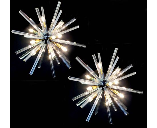 Exceptional Pair of Crystal Prism Sputnik Chandeliers, Murano, 1990