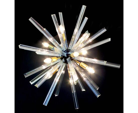 Exceptional Pair of Crystal Prism Sputnik Chandeliers, Murano, 1990