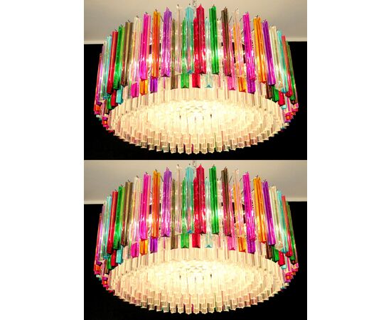 Pair of Triedri Italian Glass Multicolor Chandeliers, Venini Style, Murano, 1995