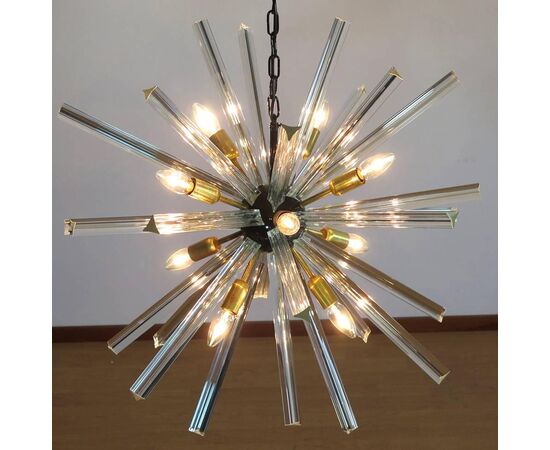 Exceptional Pair of Crystal Prism Sputnik Chandeliers, Murano, 1990