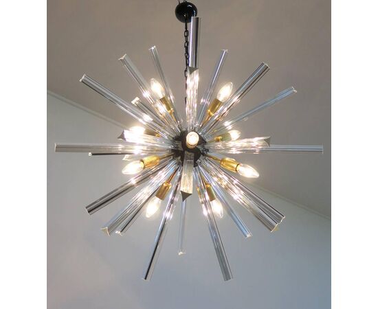 Exceptional Pair of Crystal Prism Sputnik Chandeliers, Murano, 1990