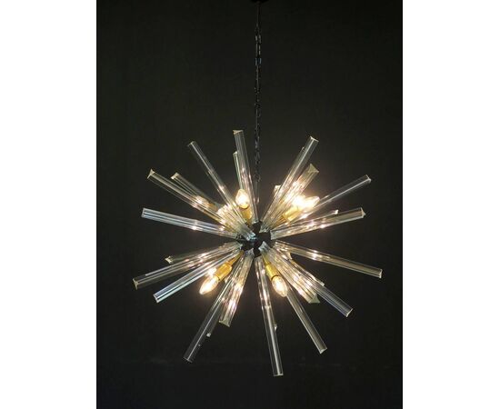 Exceptional Pair of Crystal Prism Sputnik Chandeliers, Murano, 1990
