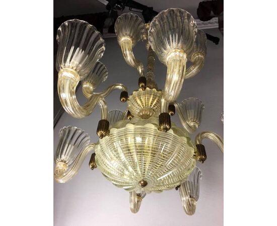 Italian Chandelier Gold Inclusion by Barovier & Toso, Murano, 1940s