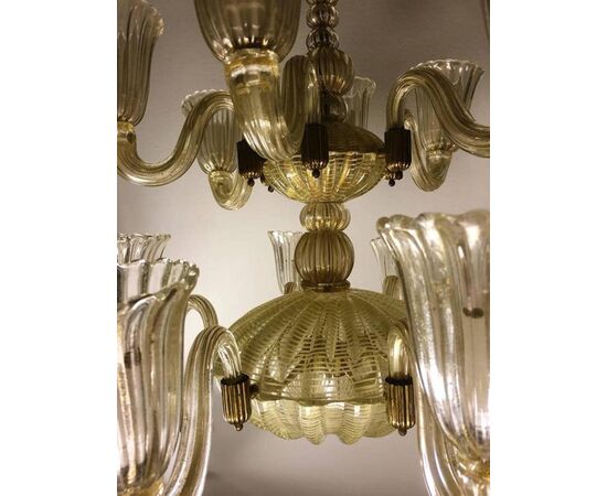 Italian Chandelier Gold Inclusion by Barovier & Toso, Murano, 1940s