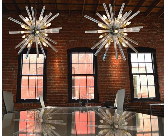 Exceptional Pair of Crystal Prism Sputnik Chandeliers, Murano, 1990