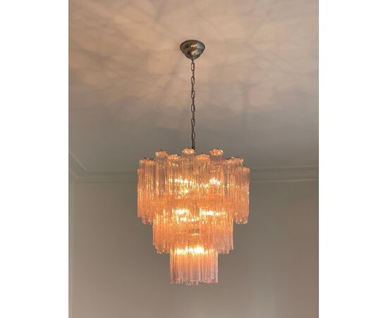 Pair of Italian Pink Glass Tube Chandeliers, Murano, 1970s