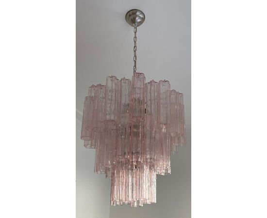 Pair of Italian Pink Glass Tube Chandeliers, Murano, 1970s