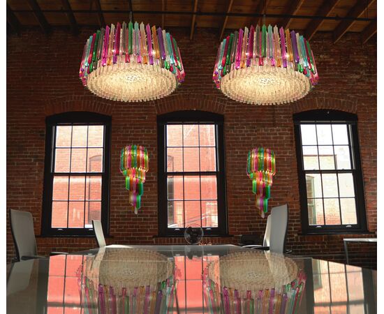 Pair of Triedri Italian Glass Multicolor Chandeliers, Venini Style, Murano, 1995