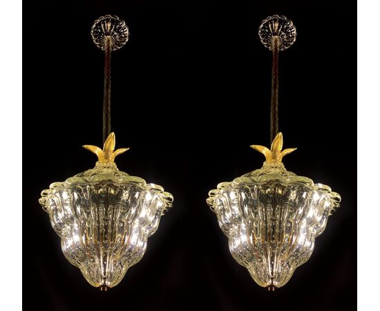 Trio of Chandeliers "The King", Gold Inclusion by Barovier & Toso, Murano, 1940s